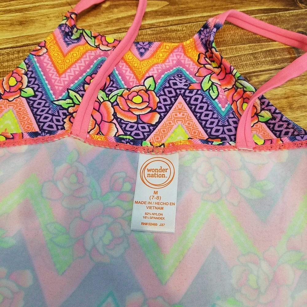 Wonder Nation Girls Tankini Swim Top Size M 7/8 Pink Rose Chevron Tribal